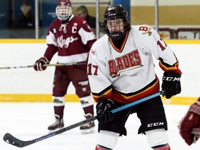 Blenheim Blades' Seth Henderson (17) plays against the Dresden Kings at the Ken Houston Memorial Agricultural Centre in Dresden, Ont., on Friday, Feb. 8, 2019. Mark Malone/Chatham Daily News/Postmedia Network