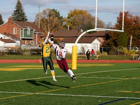 Bears player Shawn Kelly makes a catch over Nicholas Leblanc of the Barons in a senior boys football semifinal at Cundari Field in 2019. The province announced this week sports, clubs, assemblies and extracurriculars will be returning in the fall.
Cody Storm Cooper Photo