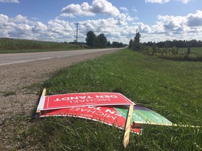 Bruce-Grey-Owen Sound roadside campaign signs are seen pulled out of the ground in this file photo from 2019. 
(Sun Times photo)