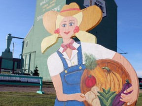 A friendly farmer sign stands to welcome people to the Spruce Grove Farmers Market at the grain elevator site in Spruce Grove Saturday, Oct. 12, 2019. This space and its peer in Stony Plain recently reopened after delays due to COVID-19.