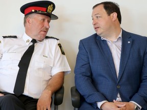 Chief Hugh Stevenson and Mayor Christian Provenzano speak at Sault Ste. Marie Police Service's satellite office at Station Mall in June 2019. BRIAN KELLY