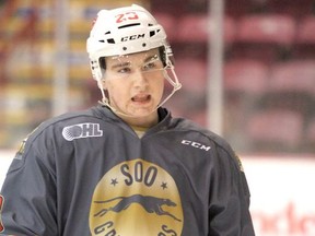 Soo Greyhound Rory Kerins warms up before OHL action at GFL Memorial Gardens (BRIAN KELLY/THE SAULT STAR/POSTMEDIA NETWORK)