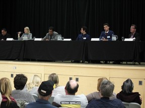 From left: Rudy Turtle for NDP, Kirsi Ralko for the Greens, Kelvin Boucher-Chicago as an Independent, Michael Di Pasquale for the PPC, Eric Melillo for the Conservatives and Liberal Bob Nault at the 2019 all-candidates forum at Seven Generations Education Institute.