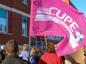 More than 200 members and supporters of Canadian Union of Public Employees (CUPE) Local 1022 gathered for a rally outside the Hastings-Prince Edward District School Board Education Centre to protest the lack of a contract for the last 19 months on Tuesday March 29, 2016 in Belleville, Ont. Later that night the CUPE Local bargaining committee and school board representatives reached a tentative agreement. Tim Miller/Belleville Intelligencer/Postmedia Network