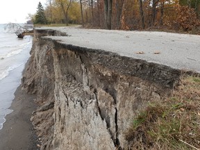 A crumbling road, closed to traffic, in Wheatley Provincial Park shows the ongoing erosion that is impacting the Lake Erie shoreline. (Trevor Terfloth/The Daily News)
