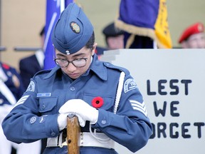 Asnoor Mundi, a Royal Canadian Air Cadet Corps. 755 Parkland Seargeant, stands at attention during the 2019 Remembrance Day ceremony in Stony Plain. Programming to mark the day will be private at area branches this year.