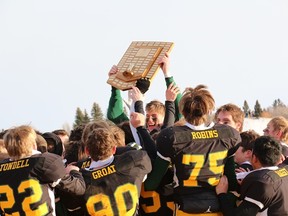 The MUCC Comets celebrate their SHSAA 4A 9-man football provincial championship on Saturday, November 9 at MUCC Field