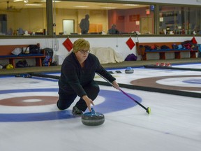 Janine Sanderman participated in the annual Granny Bonspiel at the Airdrie Curling Club on Saturday, Nov. 16, 2019. Dozens of senior women from Airdrie, Olds, and Carstairs competed for prizes for the top three teams. (Kelsey Yates/Airdrie Echo/Postmedia Network)