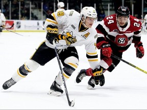 Sarnia Sting's Jamieson Rees (39) drives to the 67's net ahead of Ottawa's Joseph Garreffa (24) in the first period at Progressive Auto Sales Arena in Sarnia, Ont., on Sunday, Nov. 17, 2019. Mark Malone/Chatham Daily News/Postmedia Network