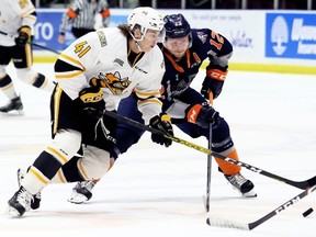 Sarnia Sting's Sam Bitten (41) is checked by Flint Firebirds' Jake Durham (12) in the first period at Progressive Auto Sales Arena in Sarnia, Ont., on Wednesday, Nov. 20, 2019. Mark Malone/Chatham Daily News/Postmedia Network