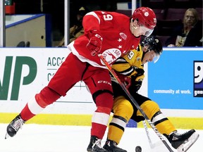 Soo Greyhounds' Joe Carroll (19) knocks Sarnia Sting's Jamieson Rees (39) off the puck in the first period at Progressive Auto Sales Arena in Sarnia, Ont., on Sunday, Nov. 24, 2019. Mark Malone/Chatham Daily News/Sarnia Observer