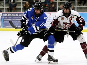 Chatham Maroons' Kyle McCauley (25) battles London Nationals' Cohen Kiteley (11) in the third period at Chatham Memorial Arena in Chatham, Ont., on Sunday, Nov. 3, 2019. Mark Malone/Chatham Daily News/Postmedia Network