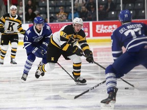 Kingston Frontenacs overage forward Jordan Frasca, seen handling the puck in a game in November 2019, scored twice to lead the Frontenacs to a 4-3 win over the Ottawa 67's in Ontario Hockey League pre-season action on Wednesday night in Ottawa.