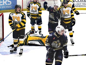 BRAD SHERRATT - NORTHERN NEWS

Jacob Hiltz celebrates after scoring Kirkland Lake's first goal in a big win over the Soo Eagles.