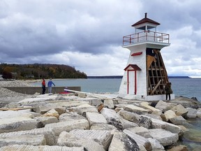 The damaged south side of the Lion's Head lighthouse on Nov. 3, 2019 in Lion's Head, Ont., following Halloween night storm. Tanis Henderson photo supplied to The Owen Sound Sun Times/Postmedia Network