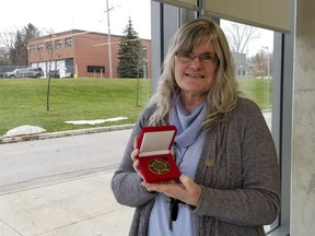 Sheatre founding artistic director, Joan Chandler, with her 2019 YMCA Peace Medal on Thursday, November 21, 2019 in Owen Sound, Ont. Scott Dunn/The Owen Sound Sun Times/Postmedia Network