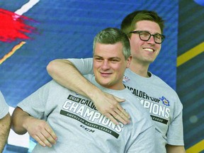 Sheldon Keefe (left) and Kyle Dubas celebrate their American Hockey League championship from a few years ago when both were with the Toronto Marlies. POSTMEDIA
