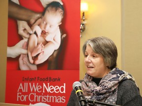 Dedee Flietstra, executive director of the Infant Food Bank, makes a point at the launch of the organization's annual All We Need for Christmas campaign in Sudbury, Ont. on Thursday November 21, 2019. The campaign will be held virtual this year, as well as physically.