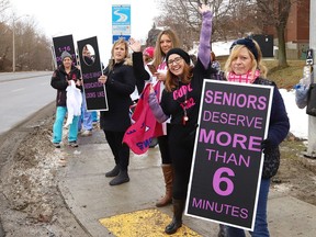 Members of CUPE Local 1182 hold a rally near Extendicare York in Sudbury last year. The union members, who are employees at Extendicare York, were demanding more time to care for residents at the facility.