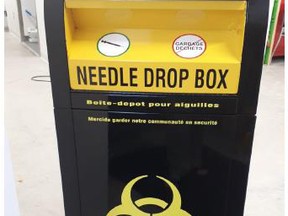 An image of the community sharps bin installed at Queen and Main streets in Sturgeon Falls back in January. North Bay Coun. Scott Robertson intends on introducing a motion that would redirect budgeted funds from the North Bay Parry Sound’s needle buy-back program toward a community sharps bin. Municipality of West Nipissing Photo