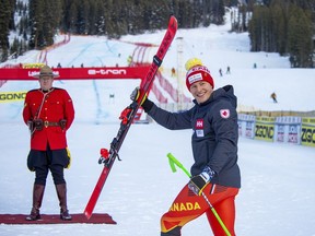 Canadian Brodie Seger waves to his fans at the Men's Super-G ski race. Seger placed 16th to be awarded as the Best Canadian at the Lake Louise World Cup on Sunday, December 1, 2019. photo by Pam Doyle/www.pamdoylephoto.com