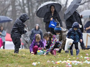 Children, including six-year-old Reese Froman (crouching) and her sister Olivia, 9 of the County of Brant pick up plastic eggs during an Easter egg hunt on Friday April 19, 2019 at the Adelaide Hunter Hoodless Homestead on Blue Lake Road near St. George, Ontario in this file photo. The Easter Egg hunt at the homestead is returning for the first time since the start of the COVID-19 pandemic on April 15, 2022. Brian Thompson/Brantford Expositor/Postmedia Network