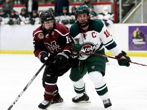 Chatham Maroons' Cam Symons (16) battles St. Marys Lincolns' Cayse Ton (10) in front of the Lincolns' net in the third period at Chatham Memorial Arena in Chatham, Ont., on Sunday, Dec. 15, 2019. Mark Malone/Chatham Daily News/Postmedia Network