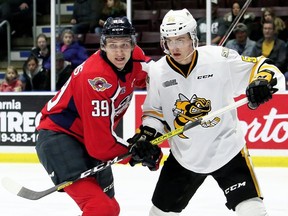 Windsor Spitfires' Curtis Douglas (39) tangles with Sarnia Sting's Eric Hjorth (55) in front of the Sting's net in the second period at Progressive Auto Sales Arena in Sarnia, Ont., on Friday, Dec. 20, 2019. Mark Malone/Chatham Daily News/Postmedia Network