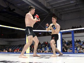 Mark Mosure and Dan Kovalchuk start a round of fighting at the Prestige FC 12 event at the Syncrude Sport and Wellness Centre on Friday, December 6, 2019. Laura Beamish/Fort McMurray Today/Postmedia Network