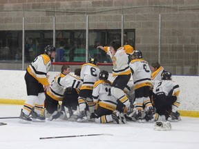 The Hanna Colts Bantam team took home an important victory on March 17 during their Provincial final game against host team Kneehill, a team they had previously lost to earlier in the season. The Colts held a nailbiter of a game against the Kneehill team, winning 4-3 in the final minutes of the game. The Colts had played all their games leading up the final with ease, starting on March 15 with a 10-0 win over Saddlel Lake, followed by a 7-4 win over Panoka and a 7-1 win over Valleyview on March 16. On March 17 the Colts won their semi-final match against Fairview 6-3. Jackie Irwin/Hanna Herald/Postmedia