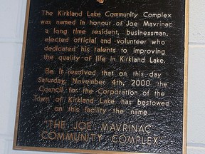 This is the plaque that is on display inside the Joe Mavrinac Community Complex.