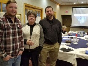 Please Bring Me Home founders Nick Oldrieve, left, and Matt Nopper, right, with retired RCMP officer Linda Gillis Davidson, at an organizational meeting at a local hotel on Friday, Dec. 20, 2019 in Owen Sound.
Scott Dunn/The Owen Sound Sun Times/Postmedia Network