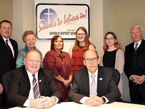 The 2019-20 Renfrew County Catholic District School Board trustees are (back from left) Pat O'Grady, Anne Haley, Judy Ellis, student trustees Paige Petroskie and Tarynn Kearney, Andy Bray and (front from left) chairman Dave Howard and vice-chairman Bob Schreader.