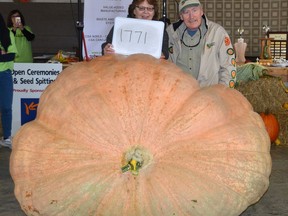 Jane and Phil Hunt of Cameron, Ont., with their 1,771.5-pound pumpkin that won the weigh off at the 33rd annual Port Elgin Pumpkinfest on Saturday, October 5, 2019 in Port Elgin, Ont. Rob Gowan/The Owen Sound Sun Times/Postmedia Network