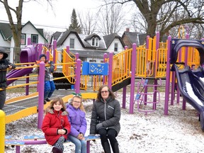 Romeo public school students Darius Diehl, Isiah Henry, Jennifer Smart and Autumn Anderson, and school secretary Denise Kane show off the school's new, accessible playground last December after the project was awarded the 2019 Stratford Accessibility Award. Galen Simmons/Beacon Herald file photo