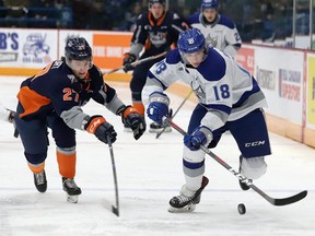 Owen Robinson, right, of the Sudbury Wolves, skates past Riley McCourt, of the Flint Firebirds, during OHL action at the Sudbury Community Arena in Sudbury, Ont. on Friday December 6, 2019.