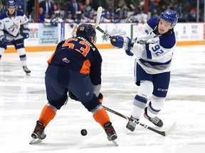 Blake Murray, right, of the Sudbury Wolves, fires a puck through the legs of Ty Dellandrea, of the Flint Firebirds, during OHL action at the Sudbury Community Arena in Sudbury, Ont. on Friday December 6, 2019.
