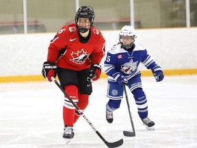 Sudbury native and highly decorated Team Canada player Rebecca Johnston scrimmaged with hockey players from the Sudbury and District Girls Hockey Association at the Gerry McCrory Countryside Sports Complex in Sudbury, Ont. on Monday, December 23, 2019. Johnston presented the association with $21,000 during the event. After joining Kendall Coyne Schofield, Renata Fast and Brianna Decker for the NHL  All-Star festivities last January in San Jose, Johnston was awarded $25,000 from the NHL Foundation, to be used towards charities or hockey programs of their choice. John Lappa/Sudbury Star/Postmedia Network