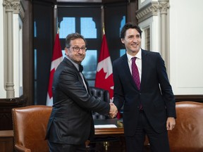 Prime Minister Justin Trudeau meets with Bloc Quebecois leader Yves-Francois Blanchet on Parliament Hill in Ottawa on Wednesday, Nov. 13, 2019. THE CANADIAN PRESS/Sean Kilpatrick ORG XMIT: SKP107
