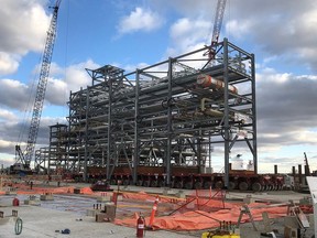 A pipe rack module is shown being delivered to the site of Nova Chemicals' new polyethylene plant under construction on Rokeby Line in St. Clair Township.