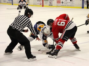 Stony Plain Eagles Centre Dillon Wagner wins a draw during an ACHW contest between Stony Plain and the Innisfail Eagles during the 2019-20 season. The season was cancelled with Innisfail up 3-0 in the Allan Cup Alberta Series, a best of seven to determine the league's Allan Cup representative.
