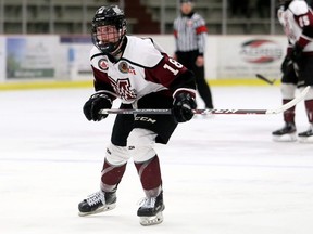 Chatham Maroons' Zach Power (18) plays against the London Nationals in the third period at Chatham Memorial Arena in Chatham, Ont., on Sunday, Nov. 3, 2019. Mark Malone/Chatham Daily News/Postmedia Network