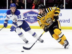 Sarnia Sting's Peter Stratis (42) is chased by Sudbury Wolves' Blake Murray (92) in the second period at Progressive Auto Sales Arena in Sarnia, Ont., on Saturday, Jan. 18, 2020. Mark Malone/Chatham Daily News/Postmedia Network