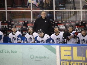 Coach Mitch Gagne and his Cornwall Prowlers, 10-6 winners Sunday at the civic complex, still have designs on first place in the Eastern Ontario Senior Hockey League. Photo on Sunday, January 19, 2020, in Cornwall, Ont. Todd Hambleton/Cornwall Standard-Freeholder/Postmedia Network