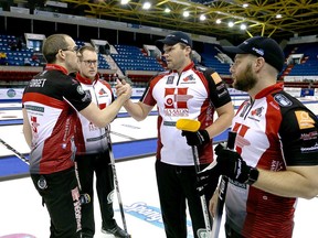 Team McDonald second Wes Forget, from left, skip Scott McDonald, lead Scott Chadwick and third Jon Beuk after defeating Glenn Howard 11-8 at the Ontario Tankard men's curling championship in Cornwall on Jan. 28, 2020.