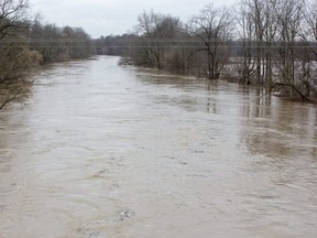 The Thames River spilled its banks north of Dutton, Ontario after record amounts of rain fell over the weekend.  Photo shot in Dutton, Ont. on Monday January 13, 2020. (Derek Ruttan/The London Free Press)