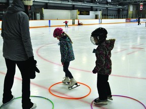 Nanton Skating Club coach Lindsey Lord leads a couple of young skaters during a practice earlier this year at the Tom Hornecker Recreation Centre. The Nanton Skating Club is currently accepting registrations for the upcoming season, which begins Oct. 1.