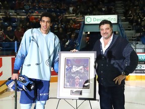 Quinton Byfield, of the Sudbury Wolves, was honoured at a  a pregame ceremony at the Sudbury Community Arena by Wolves owner Dario Zulich on Friday January 10, 2020. Byfield won gold at the World Junior Championship playing for Canada.