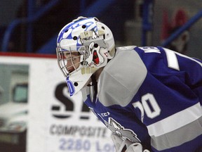 Sudbury Wolves goaltender Mitchell Weeks (70) prepares for a defensive-zone faceoff during OHL action at Sudbury Community Arena in Sudbury, Ontario on Saturday, January 25, 2020.