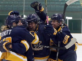 Laurentian Voyageurs celebtrate a tying goal by Megan Arnott in the third period of their OUA women's hockey contest against the York Lions on Saturday, February 1, 2020. Laurentian went on to win in a shootout, 4-3.